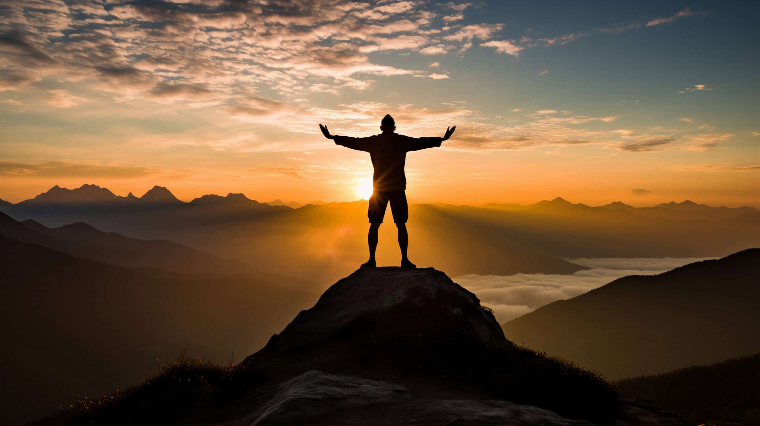 Mann mit ausgestreckten Armen auf Berg symbolisiert Freiheit