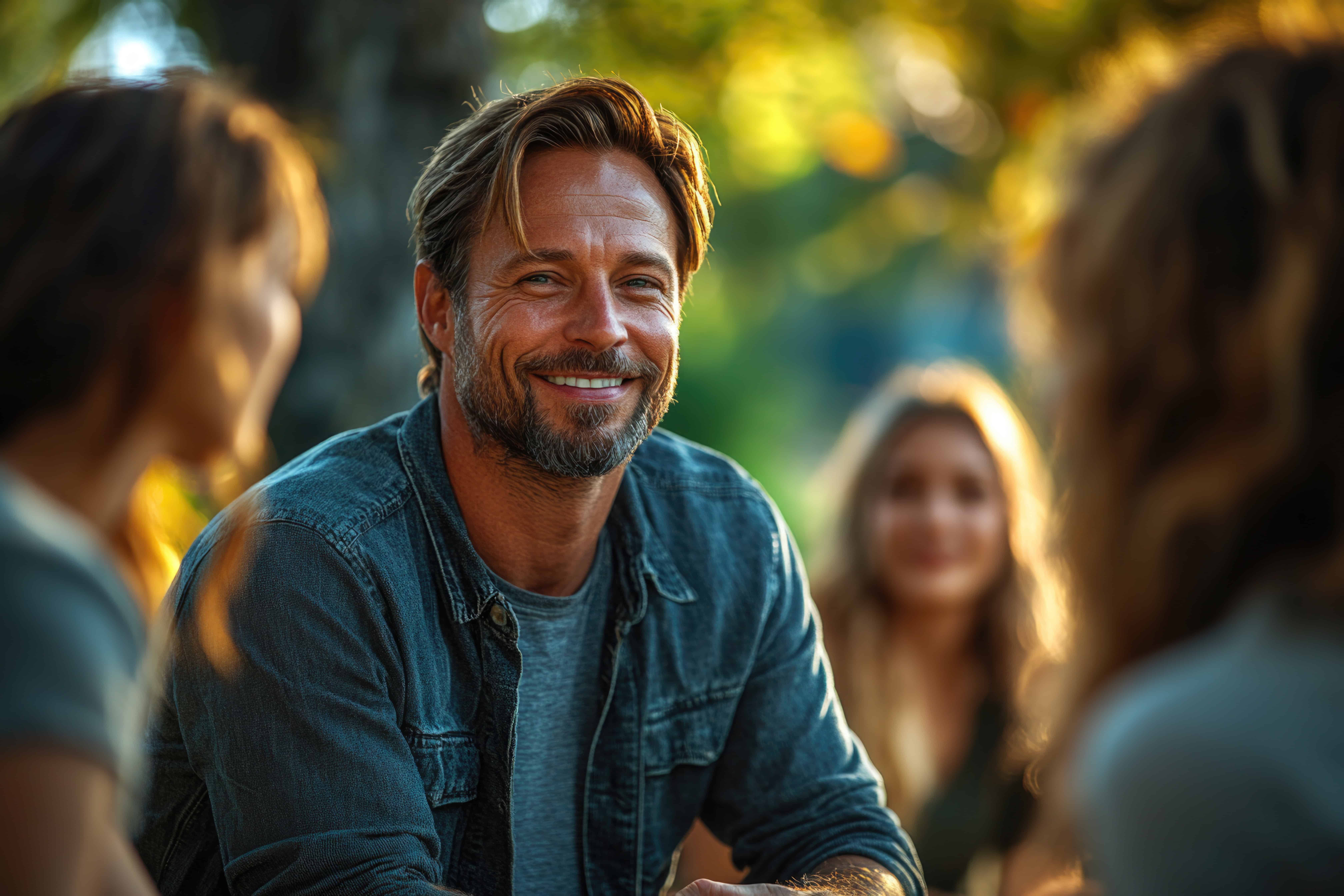 Lächelnder Mann sitzt inmitten mehrerer Menschen