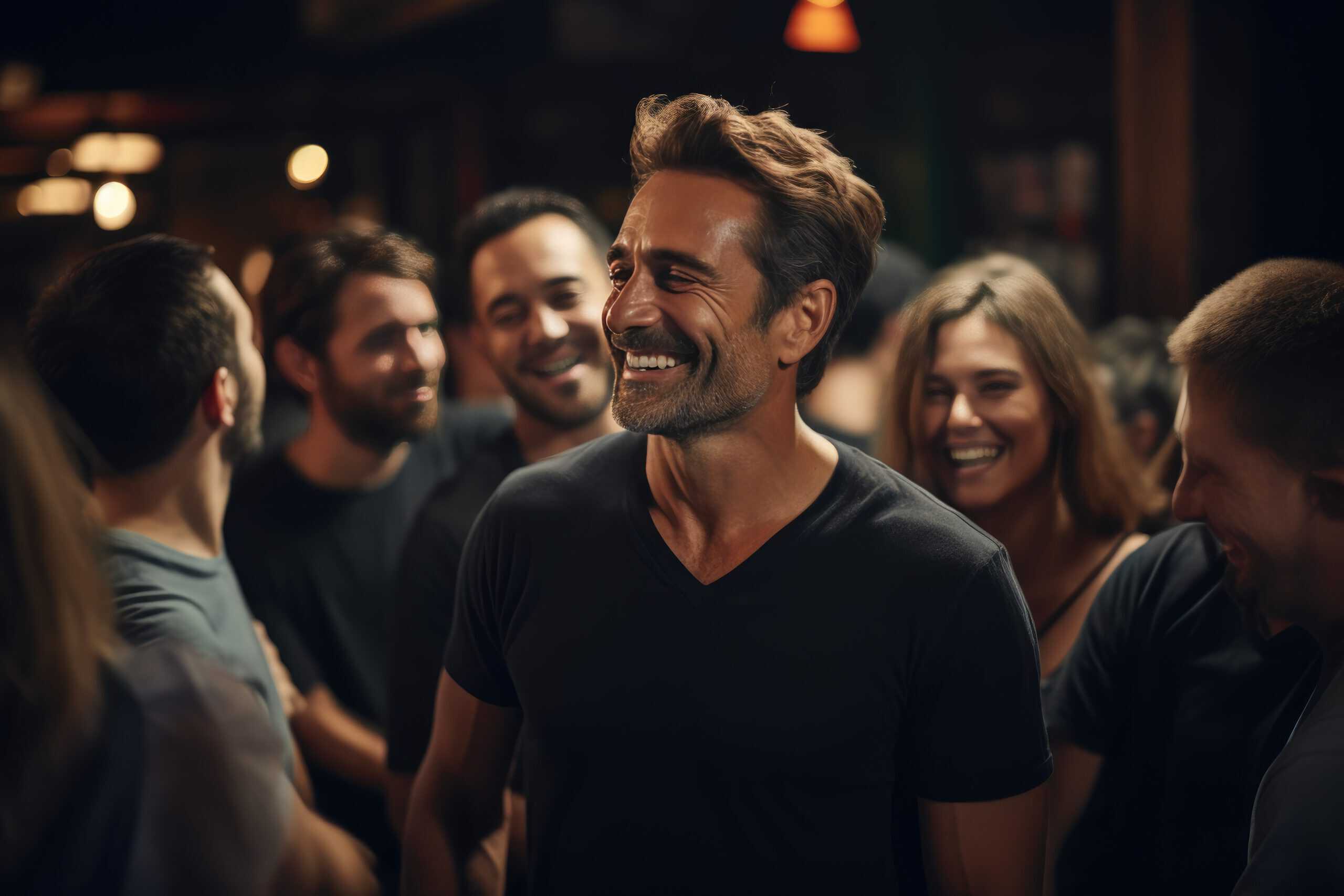 Eleganter Mentor, 40-jähirger Mann inspiriert eine Gruppe von Menschen