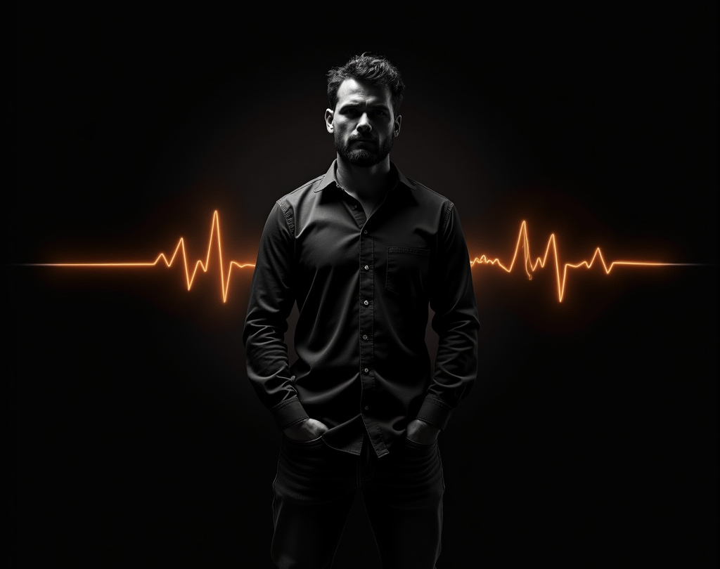 Mann steht vor dunklem Hintergrund mit EKG Herzfrequenz im Hintergrund
