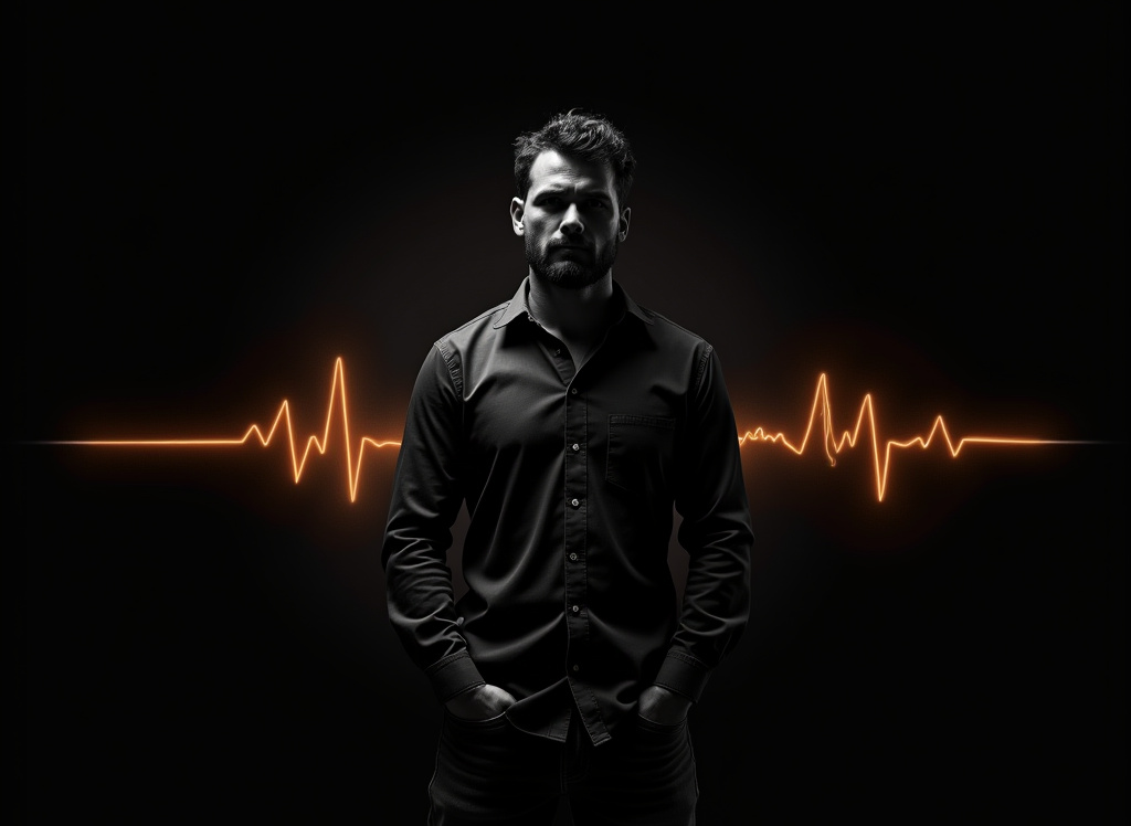 Mann steht vor dunklem Hintergrund mit EKG Herzfrequenz im Hintergrund